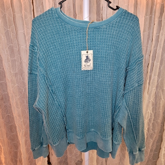 Easel Teal Oversized Mineral Wash Waffle Knit Thermal Pullover Sweater Boutique - Picture 2 of 5